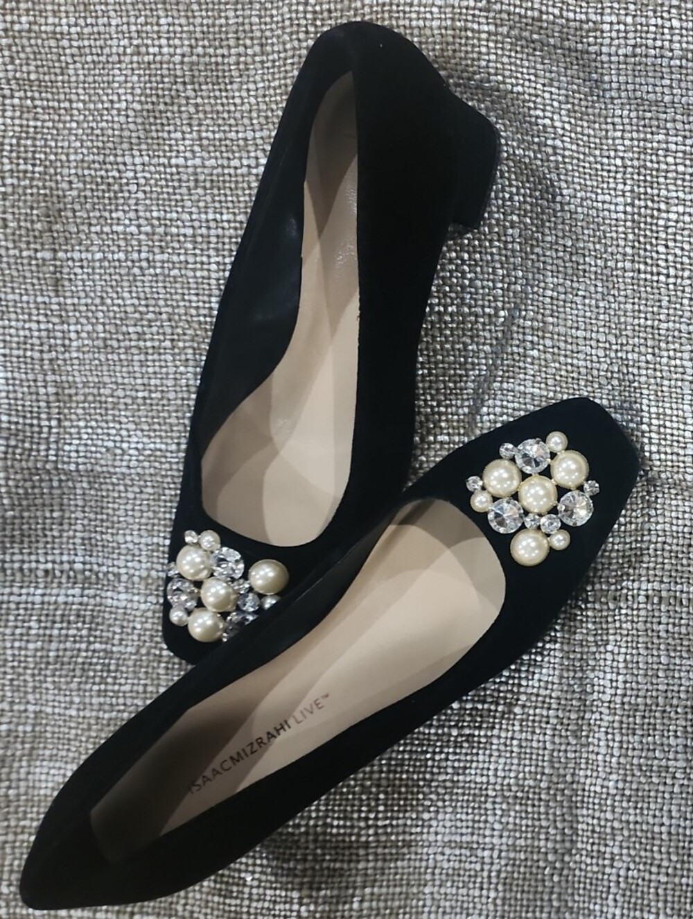 Isaac Mizrahi Black Pearl & Crystal Embellished Block Heel